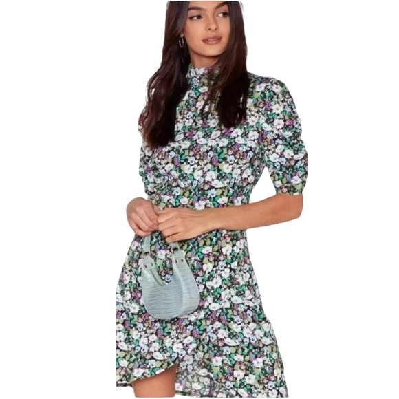 Nasty Gal Size 4 Bloom To Grow Floral Mini Dress Ruched Sleeves Wrap Skirt Green - Picture 2 of 16